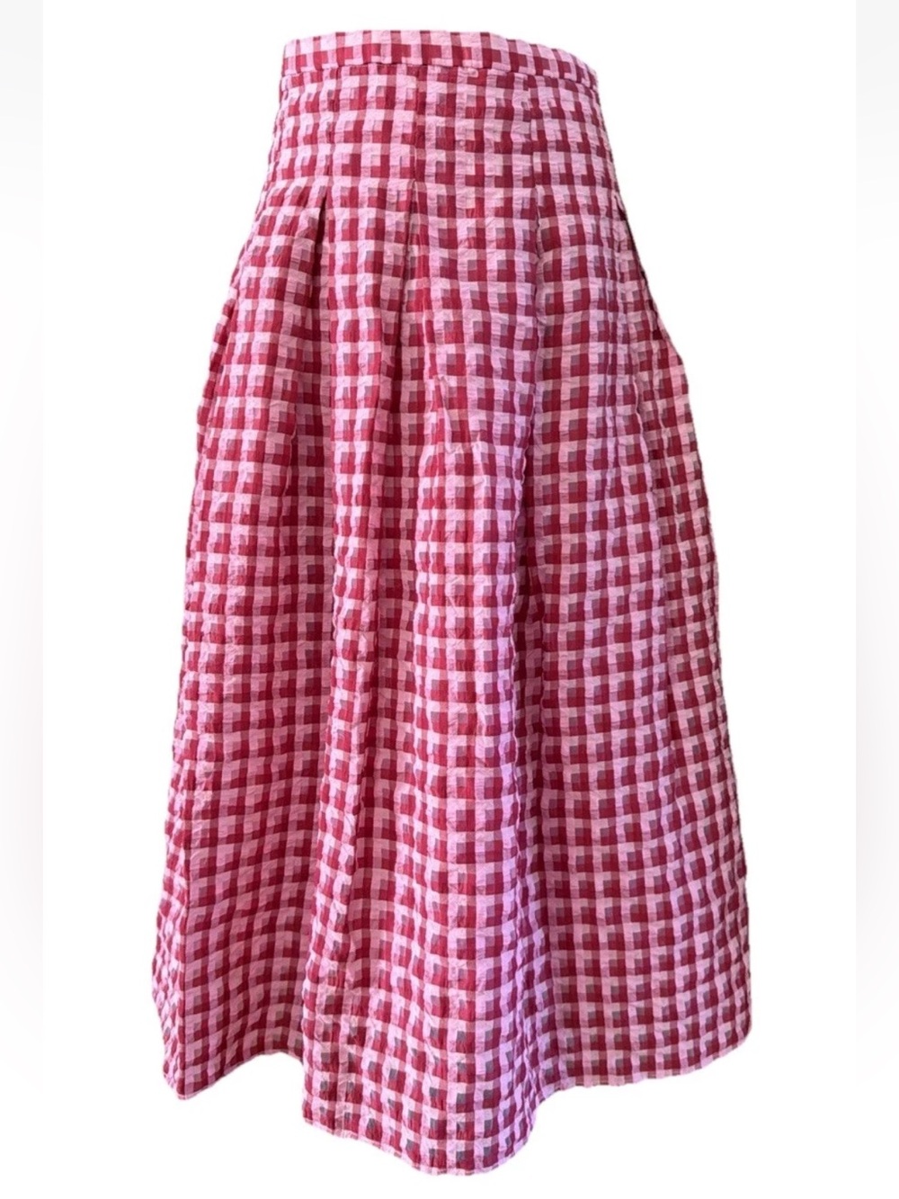 Anthropologie Eva Franco Textured Seersucker Pink Plaid Midi Skirt Size 8/29”